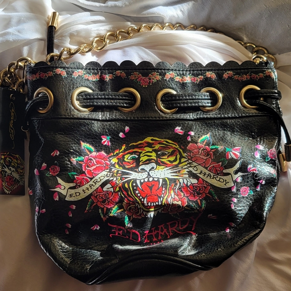 Ed Hardy Black and Red Floral Shoulder Bag